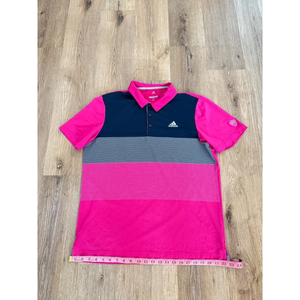 Adidas Gorpcore Preppy Golf Polo Shirt Mens L Pink Navy Blue Striped Colorblock